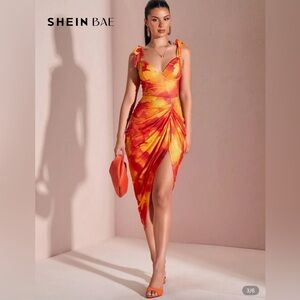SHEIN Orange and Red Ruched Wrap Mini Dress